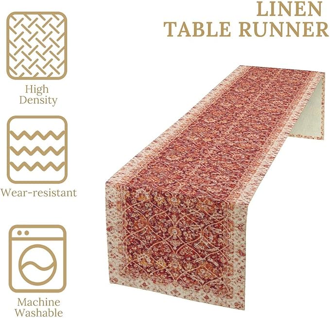 Boho Floral Vintage Table Runner, Retro Red Flower Rustic Country Farmhouse Abstract Pattern for Home Kitchen Table Decor Dining Coffee Room Party Decor 13x120in