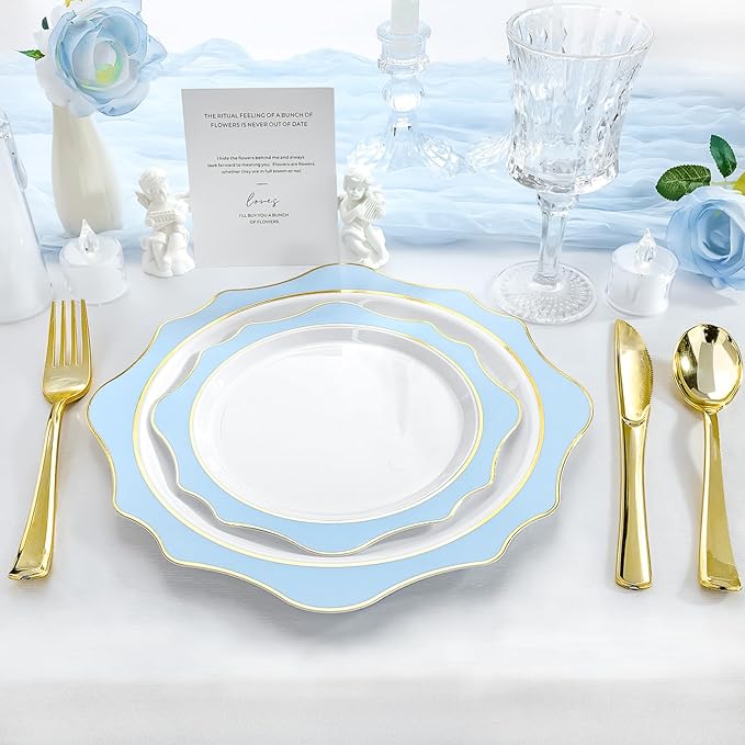 Disposable Party Plates, Blue Scalloped, BPA-Free Plastic, 100 Count