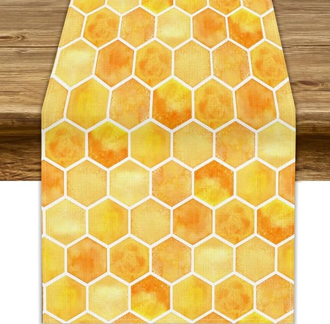 Honeycomb Bee Table Runner, Cute Abstract Geometric Yellow Honeycombs Print Table Cover for Kitchen Dining Table Indoor Outdoor Party Decor, 13x60inch