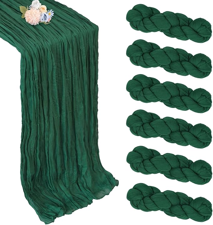 6 Pack Emerald Green Cheesecloth Christmas Table Runner 10ft Boho Gauze Fabric Cheese Cloth Table Runner 35 x 120 Inch Rustic Sheer for Romantic Wedding Decor Baby Shower Party Centerpiece Decoration