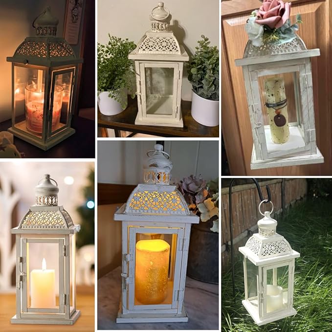 Decorative Candle Lantern, Beige Metal with Glass Panes, Indoor and Outdoor