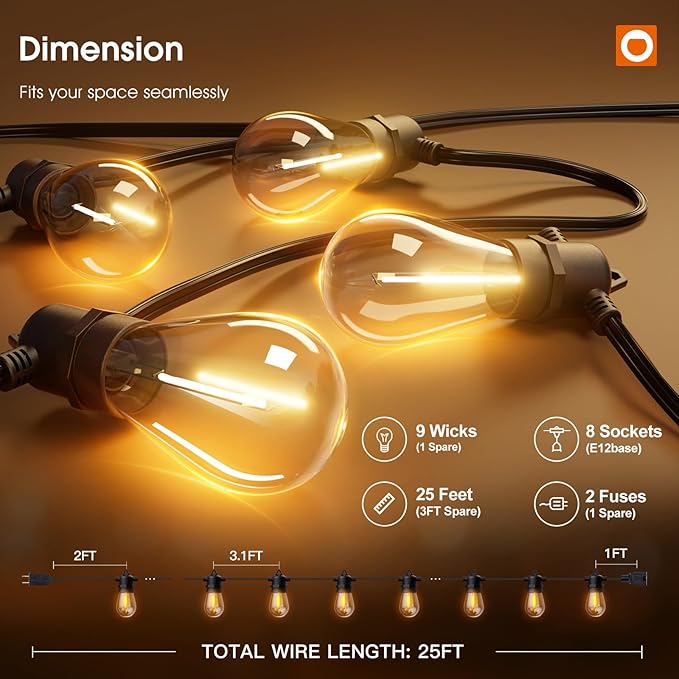 Outdoor LED String Lights, 25 Ft Black with Shatterproof Edison Bulbs
