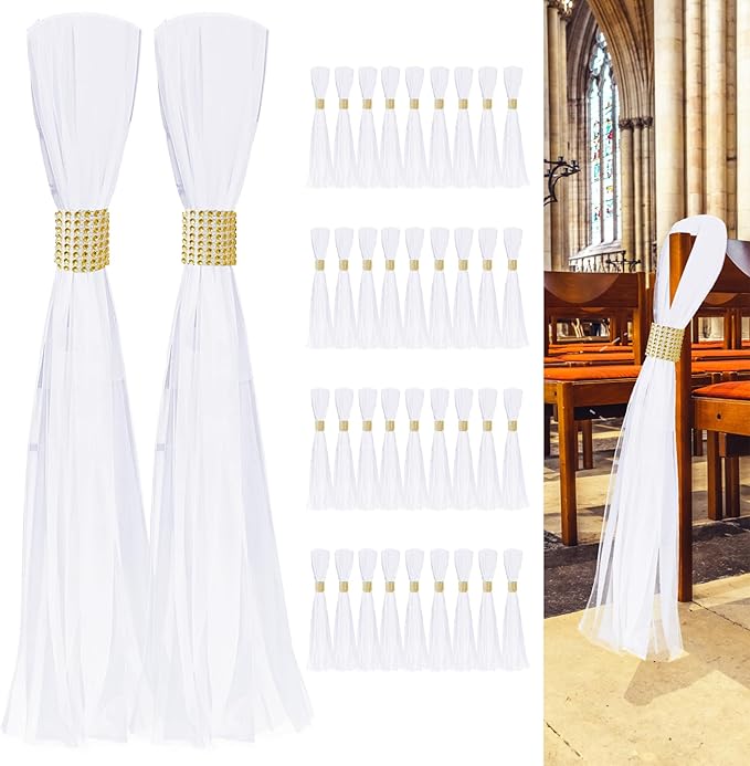Pew Bows, Gold Rhinestone Tulle, 38 Pieces for Wedding Aisles