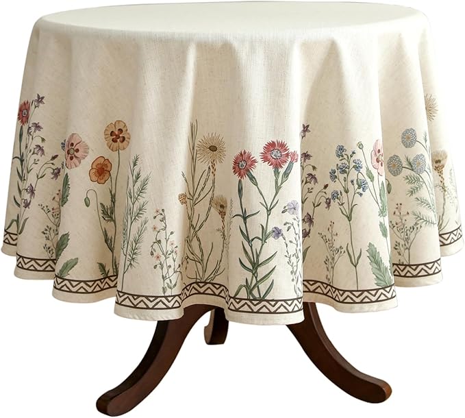 ISAENNE Designer Off White Linen Small Round Tablecloth,Floral Elegant Table Cloth,Stain Resistant Vintage Decor Tablecloths for Dining Thanksgiving Kitchen Christmas,Diameter 55"-Serenity G