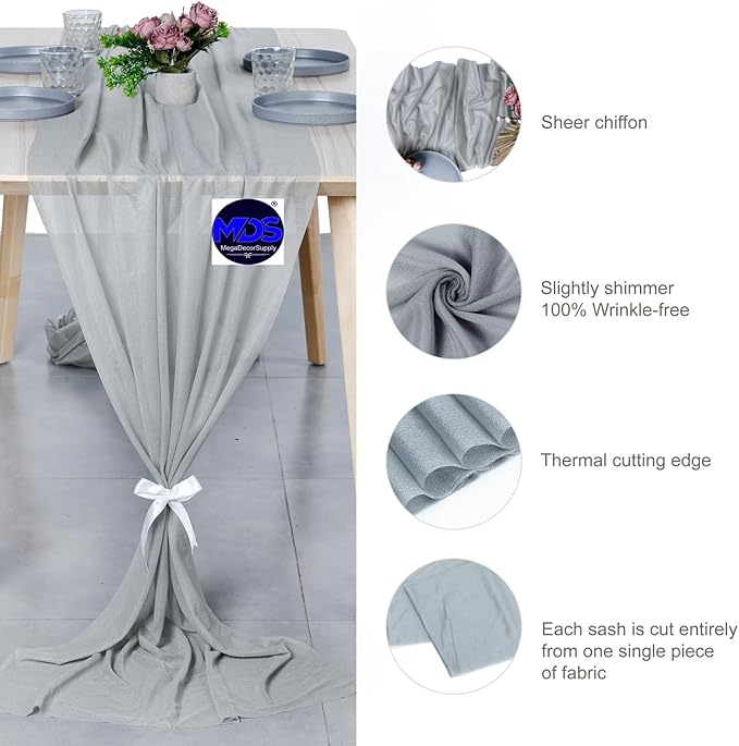 MDS Halloween Chiffon Table Runner - 15 Pack, 29 x 170 Inches, 14ft Each - Sheer Spooky Table Runners for Haunted House Parties, Trick-or-Treat Tables, Witchy Décor, Wedding & Events - Gray