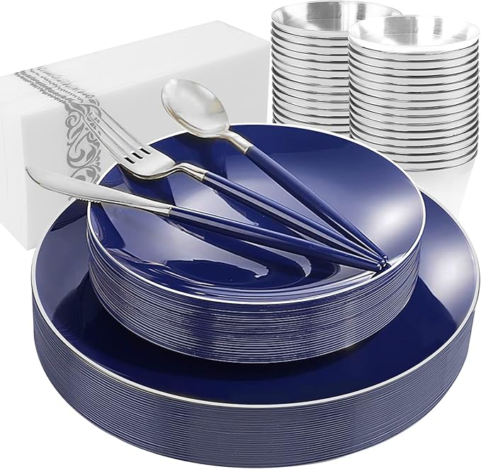Plastic Plates, Blue and Silver Disposable Set for 25 Guests
