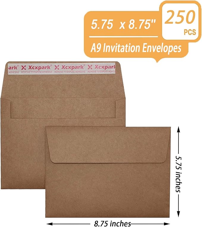 250 Qty Printable A9 Invitation Envelopes 5.75 x 8.75 Cards, Self Seal 120GSM Brown Paper Envelopes for Invitations, Papers, Photos, Documents, Wedding, Baby Shower, Easy to Seal and Peel