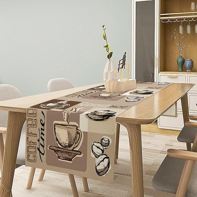 Coffee Table Runner,Vintage Style Coffee Cup Bean Abstract Theme Pattern Print Tablecloth Burlap for Hotel Indoors Outdoor Dining Room Kitchen Table Decor, 13x70in