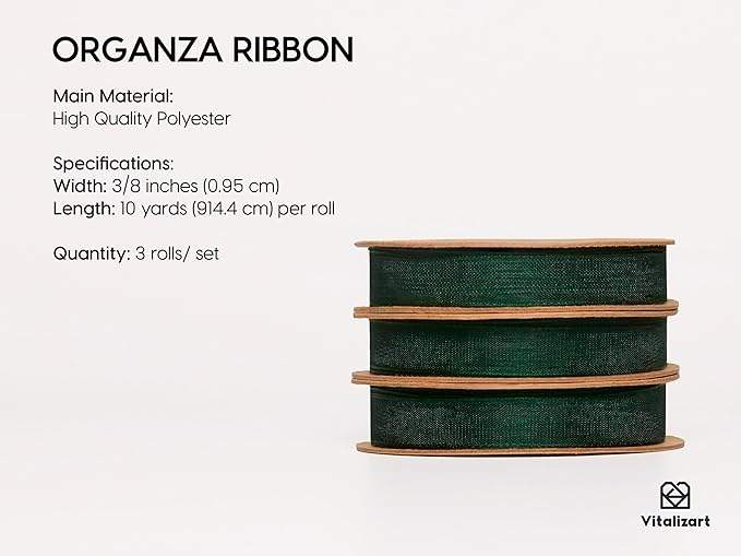Vitalizart 3/8" x 30Yd Organza Ribbon Christmas Green Sheer Ribbons Set 10 Yd x 3 Rolls Handmade Eco-Friendly for Gift Wrapping Christmas Tree Crafts Bows Wedding Invitations Wreaths Wrap