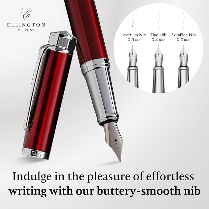 Ellington Pens Luxury Fountain Pen Set- Fountain Pens for Writing - Smooth Medium Nib - Includes Refillable Ink Converter, 3 Ink Cartridges [Black & Blue], Gift Box - Elegant Calligraphy