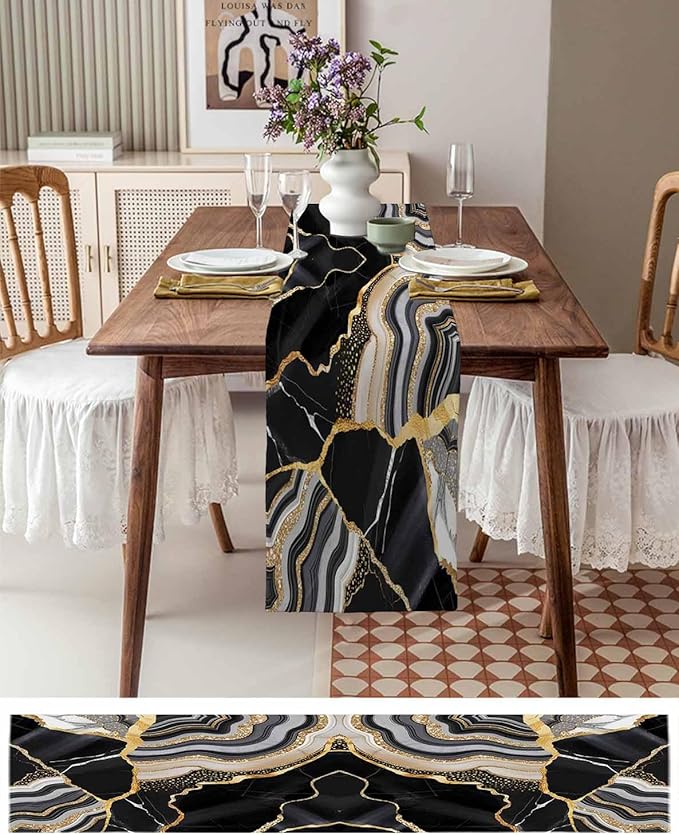Geometric Black Marble Cotton Linen Table Runner for Dining Kitchen, Wedding Outdoor Party Tablerunners Decoration, Farm Marble Liquid Ripple Abstract Dresser Scarf Coffee Tablecloth Runners 13''x48''