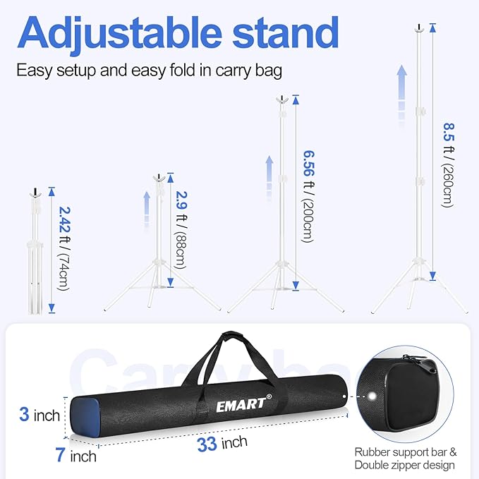 EMART Backdrop Stand 10x8.5ft(WxH) Photo Studio Adjustable Background Stand Support kit with 2 Crossbars, 8 Clamps, 2 Sandbags and Carry Bag for Parties, Events Decoration, Wedding, Photography -White