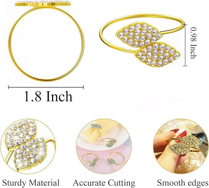 Napkin Rings Set of 100 Gold Metal Rhinestone Double Leaf Design