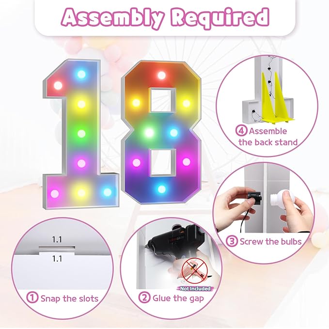 Cardboard Number 18 Birthday Decoration, Colorful 3FT Light-Up Sign