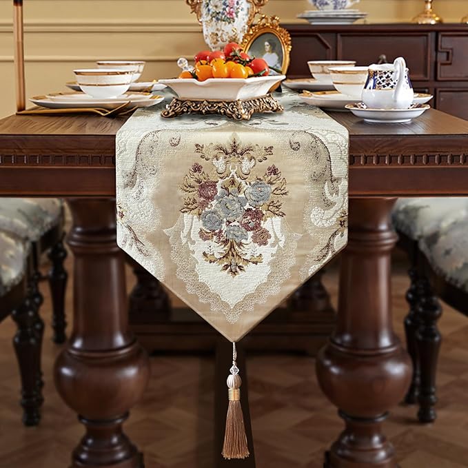 HeMiaor Jacquard Damask Table Runner Chenille Flowery with Delicate Tassel Luxurious Decoration 13"x72" Beige