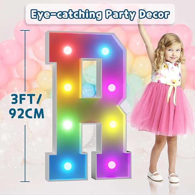 Party Decoration Marquee Letter R, 3 Ft Tall Light Up Sign, 16 Colors