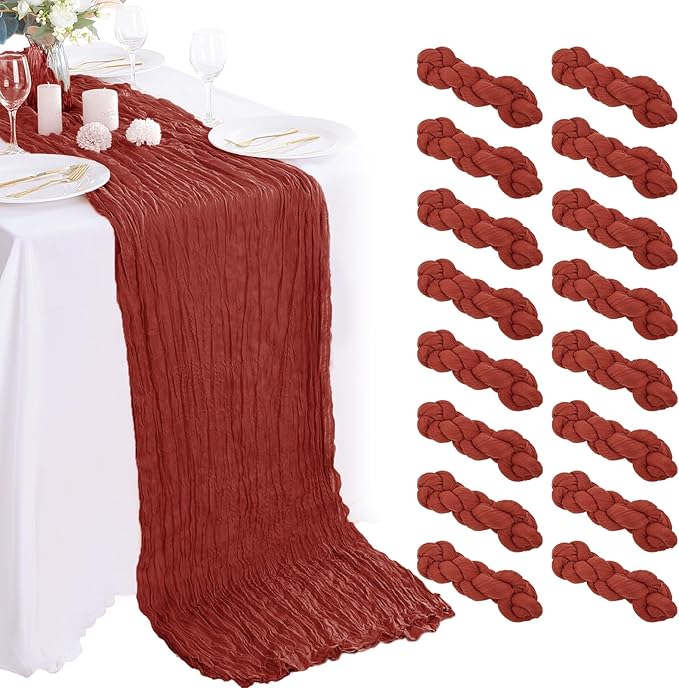 16PCS Terracotta Cheesecloth Table Runner 10FT Table Runner Cheesecloth 35x120Inch Boho Gauze Cheese Cloth Table Runner Long Rustic Sheer Table Runners for Wedding Party Baby Bridal Shower Table Decor