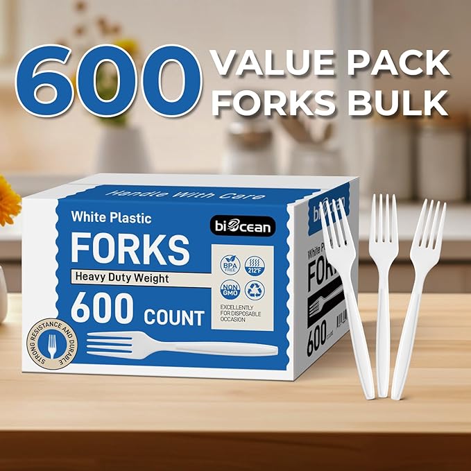 Plastic Forks, 600 Count Sturdy White Disposable Utensils