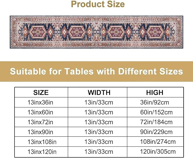 Vintage Boho Table Runner,Flower Geometric Design Rustic Farmhouse Table Runner for Home Farmhouse Kitchen Table Dining Coffee Room Garden Party Wedding Decor 13x108in