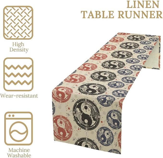 Yin Yang Table Runner, Vintage Mid Century Traditional Oriental Koi Fish Mystical Celestial Moon Stars Print Table Runner for Kitchen Dining Table Party Decor, 13x36inch