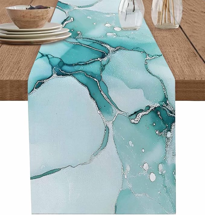 Turquoise Marble Cotton Linen Table Runner for Dining Kitchen, Wedding Outdoor Party Tablerunners Decoration, Nature Marble Crack Country Retro Dresser Scarf Coffee Tablecloth Runners 13x60 Inches