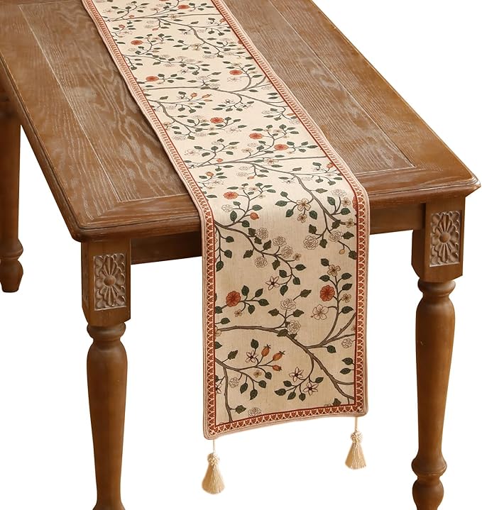 ISAENNE Designer Elegant Linen Floral Table Runner 87 Inches Long,Farmhouse Light Beige Durable Decor Table Runners for Dining Tables,Thanksgiving,Kitchen Tables,Christmas,12"*87"-Flora A