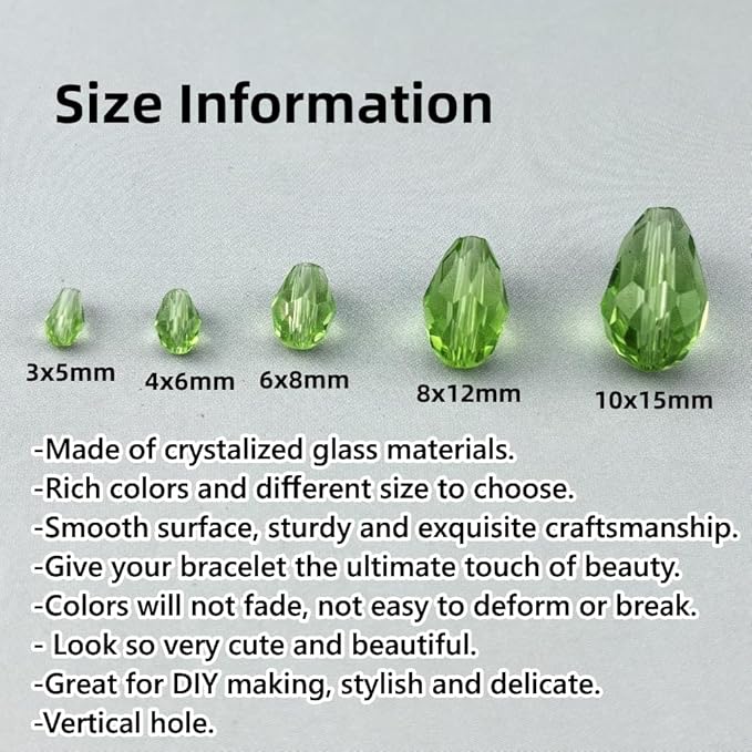200pcs 3x5mm Teardrop Crystal Glass Beads for Jewelry Making, Faceted Vertical Hole Teardrop Glass Spacer Beads for Wind Chimes Bracelet Earring Necklace DIY Craft(Light Green)