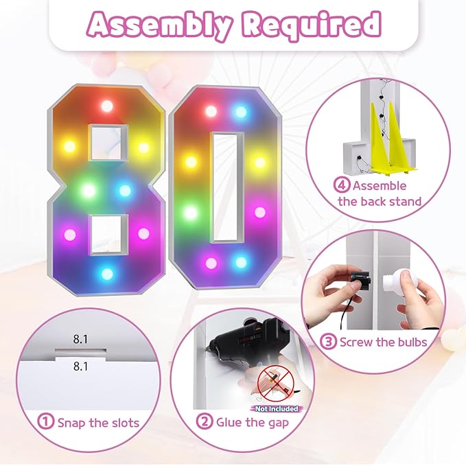 Decorations: 80th Birthday Marquee Number Sign, 3FT Colorful Light Up