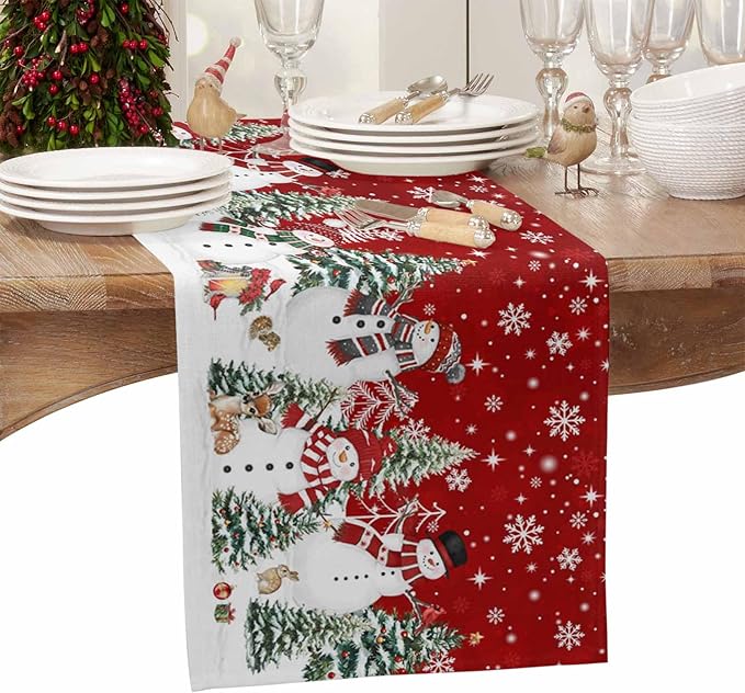 Christmas Snowman Cotton Linen Table Runner for Dining Kitchen, Xmas Tree White Snowflakes Winter Wedding Outdoor Party Tablerunners Decoration, Dresser Scarf Coffee Tablecloth Runners 13x120 Inches