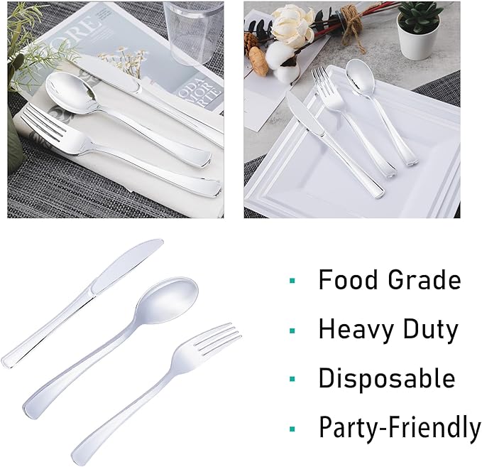 Disposable Silver Spoons, Forks & Knives Set, 200 Pieces, Glossy Plastic