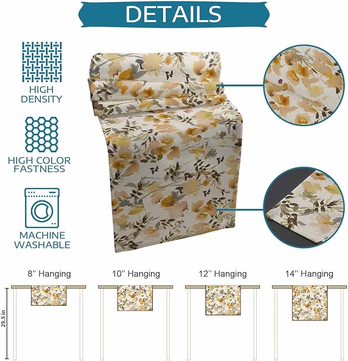 Vintage Orange Flower Cotton Linen Table Runner for Dining Kitchen, Wedding Outdoor Party Tablerunners Decoration, Farmhouse Botanical Floral Retro Dresser Scarf Coffee Tablecloth Runners 13x60 Inches