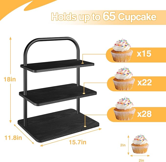 Cake Stand, 3-Tier Wood and Metal Cupcake Tower in Black, Holds 50 Cupcakes