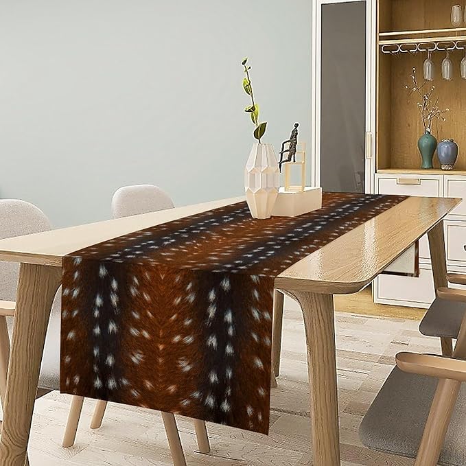 Deer Skin Table Runner Brown Fur Runner Black White Elk Deer Print Fur Western Print Cotton Linen Cottage Dinner Table Runners for Dining Room Kitchen Table Setting, 13x90 Inch