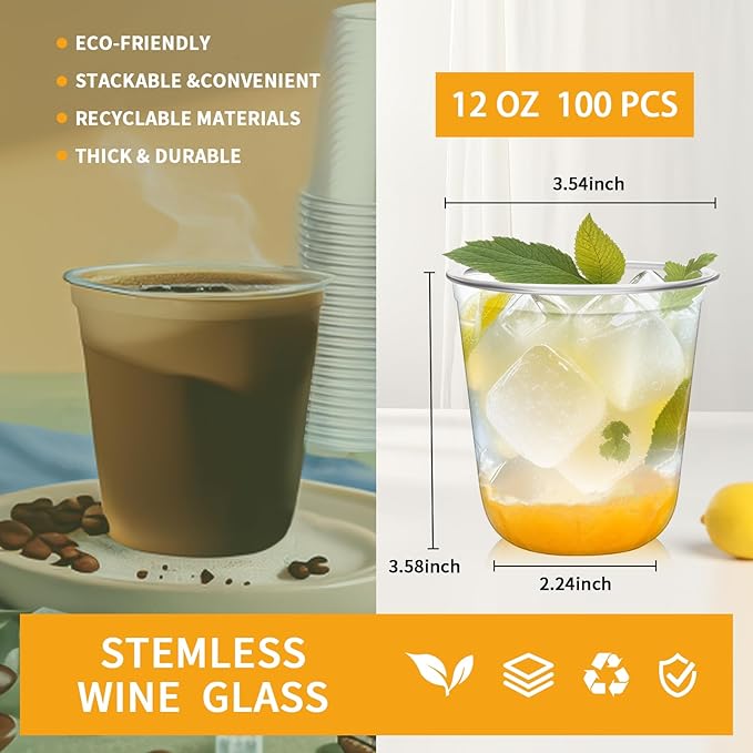 Disposable Plastic Cups 12 oz Clear, Pack of 100