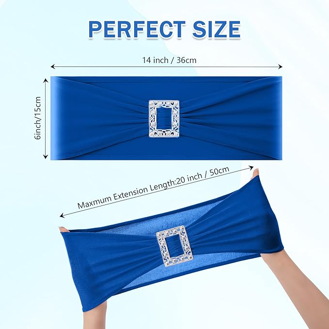 Joccun 120 PCS Spandex Chair Sashes Bows Stretch Chair Cover Band with Buckle Slider Universal Elastic Chair Ties for Wedding Banquet Party Event Decoration (Royal Blue)