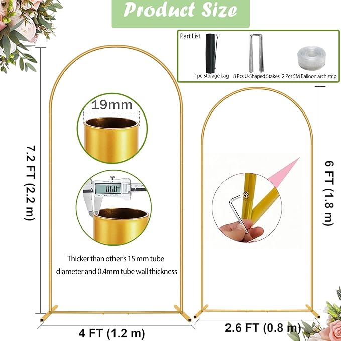 Background Support Stand Set, Gold Metal Arch, 6FT and 7.2FT