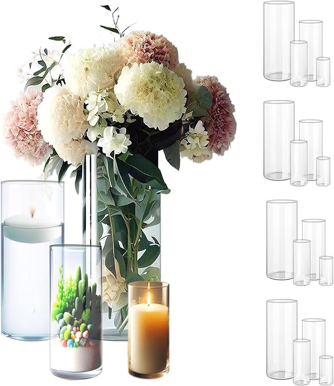 Glass Cylinder Vases, 16 Pack, 4 Sizes, Clear for Centerpieces