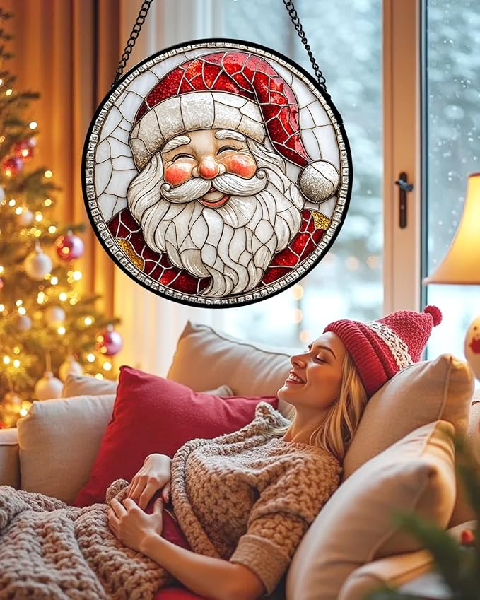 Stained Glass Window Hanging - Red White Santa Claus Suncatcher for Doors Home Christmas Decoration Winter Sun Catcher Thanksgiving New Year Birthday Gifts for Women Men Mom Nana Girl 9.8 in