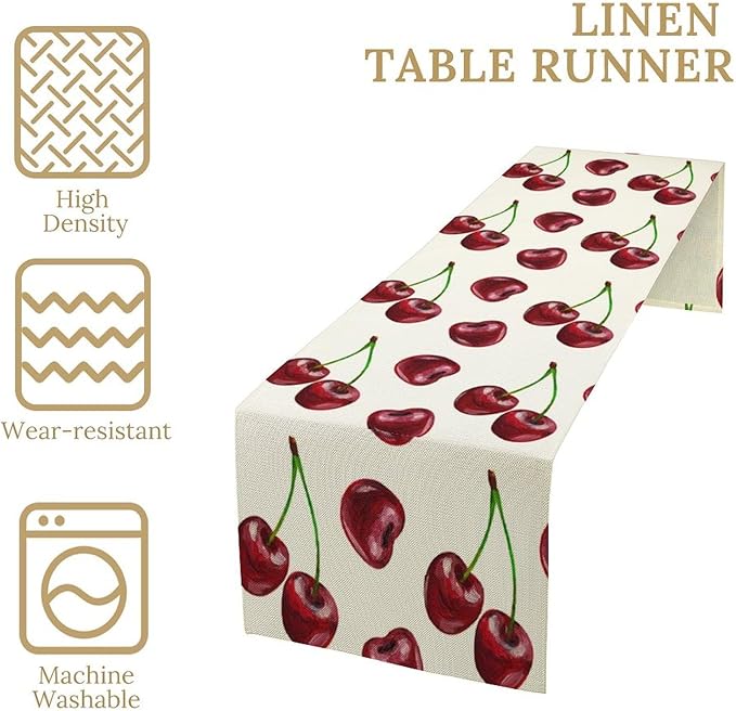 Red Cherry Table Runner Watercolor Spring Summer Wild Berry Tropical Fruit Theme Dinner Runner for Girl Baby Shower Party Holiday Home Kitchen Dining Table Decor 13x36