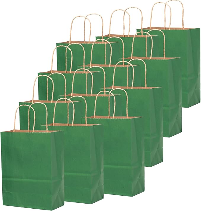 Gift Bags, Deep Green Kraft Paper, 100 Count with Handles
