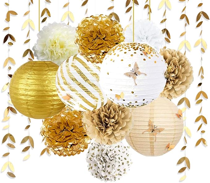 Banners Kit: 41 Pieces in Gold and White with Paper Lanterns and Pom Poms