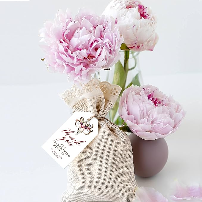 Andaz Press 100-Pack Personalized Thank You for Celebrating with Us Wedding Favor Tags with Bakers Twine Boho Rustic Floral Antlers Custom Cardstock Wedding Gift Tags for Party Favors 2 x 3.75-Inches