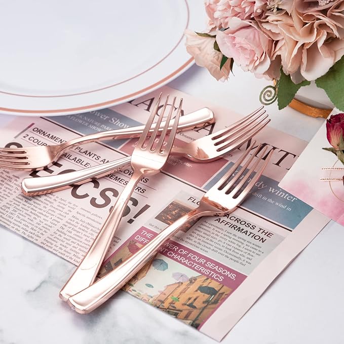 Forks, 200 Count Rose Gold Plastic Disposable, 7.4 Inch Length