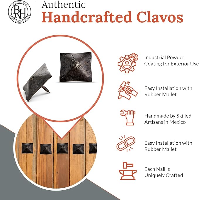 25 Pack 1.5" Square Head Iron Clavos Decorative Nails – Sealed Unfinished – Handmade Rustic Square Fasteners for Farmhouse Shutters, Faux Wood, Barn Doors, Shutters, Gates – Ornamental Wood Accent