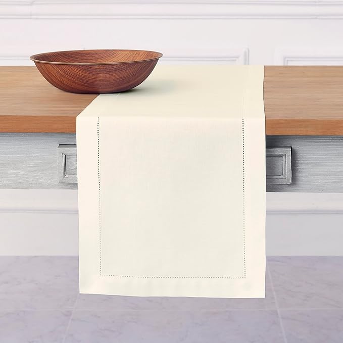 Solino Home Ivory Table Runner 108 Inches Long - Cotton Linen Hemstitch 14 x 108 Inch Table Runner for Dining, Fall, Autumn, Thanksgiving, Holiday