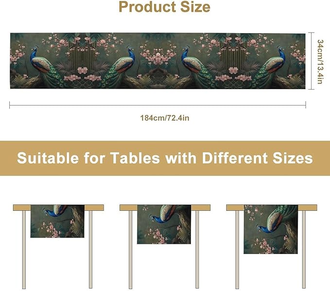 Peacock Table Runner,Vintage Aesthetic Peacock Birds Table Runner for Home Kitchen Dining Party Indoor Outdoor Decoration 13x36 Inch