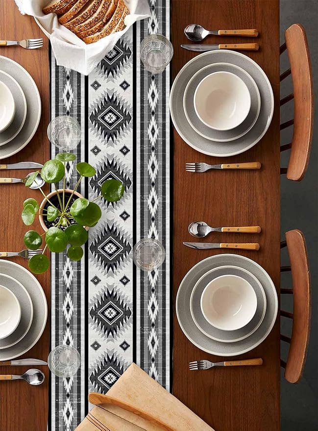 Aztec Southwest Cotton Linen Table Runner for Dining Kitchen, Wedding Outdoor Party Tablerunners Decoration, Boho Ethnic Tribes Vintage Grey Dresser Scarf Coffee Tablecloth Runners 13x36 Inches