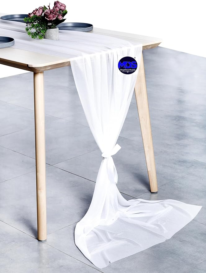 MDS Halloween Chiffon Table Runner - 20 Pack, 29 x 170 Inches, 14ft Each - Sheer Spooky Table Runners for Haunted House Parties, Trick-or-Treat Tables, Witchy Décor, Wedding & Events - White