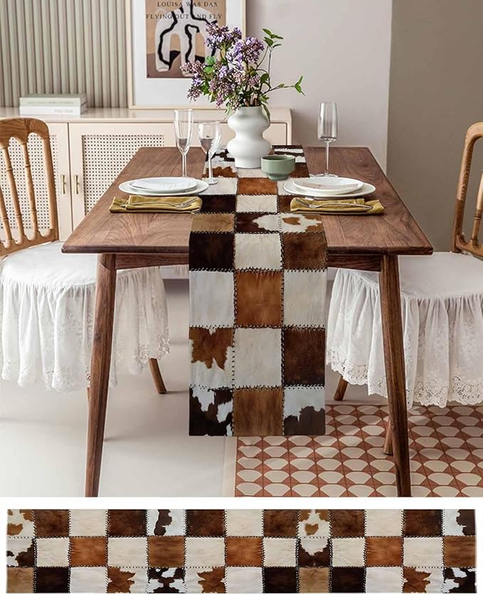 Abstract Cowhides Cotton Linen Table Runner for Dining Kitchen, Wedding Outdoor Party Tablerunners Decoration, Brown Beige Animal Fur Texture Dresser Scarf Coffee Tablecloth Runners 13x60 Inches