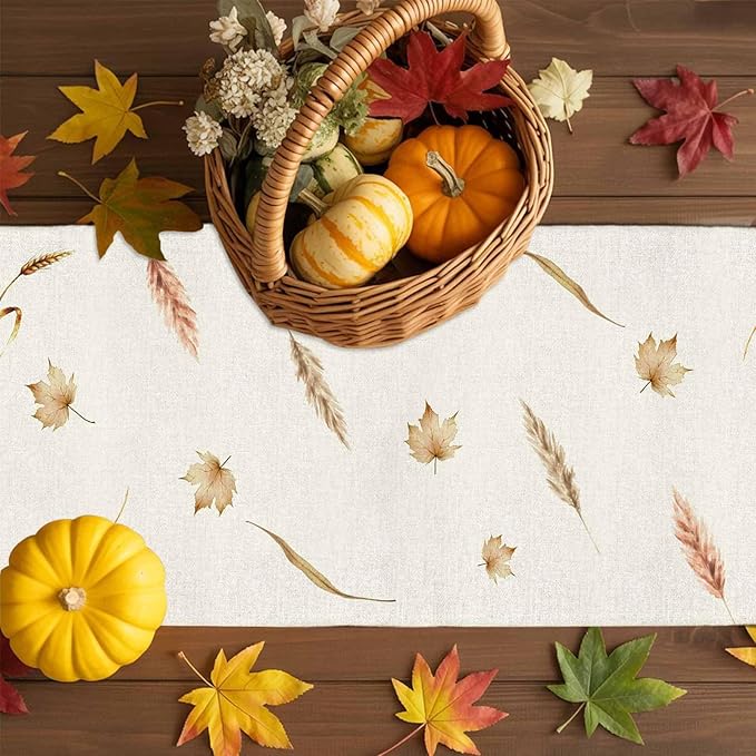 Fall Thanksgiving Cotton Linen Table Runner for Dining Kitchen, Orange Pumpkins Outdoor Party Autumn Tablerunners Decoration, Rustic Wheat Leaves Dresser Scarf Coffee Tablecloth Runners 13x48 Inches